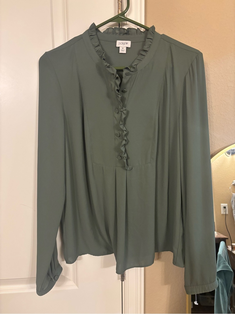 J. Crew Sage Green Ruffle-Trim Long Sleeve Blouse